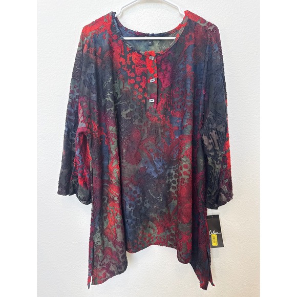 Calessa Tops - Calessa 1X Multicolor Abstract Print Velvet Burnout Tunic Blouse Top‎ Shirt NWT